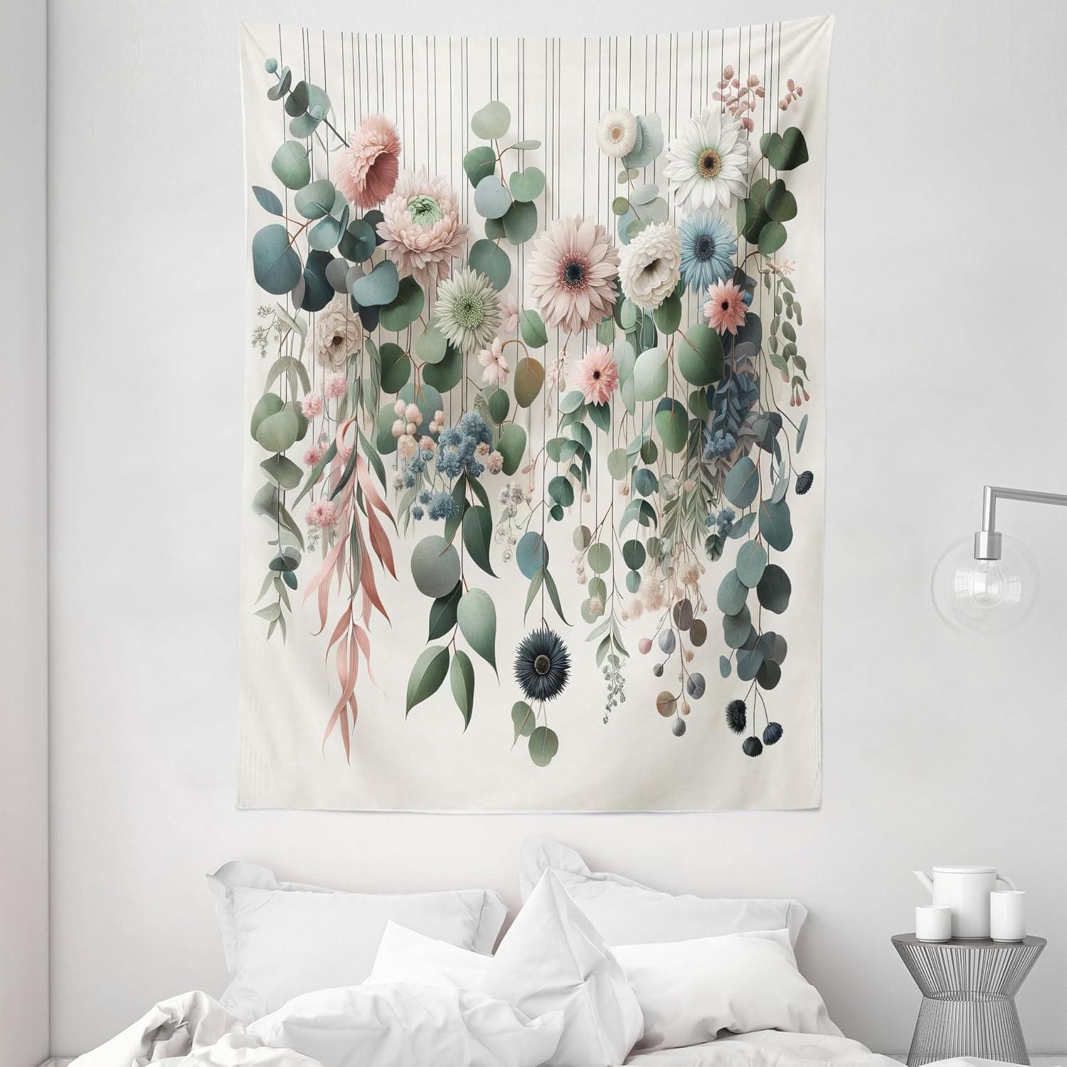 imageAmbesonne Flower Tapestry Modern Lines Leafy Eucalyptus Pattern with Tender Sunflower and Peony Fabric Wall Hanging Decor for Bedroom Living Room Dorm 28 X 23 Grey Teal Laurel GreenGrey Teal Laurel Green