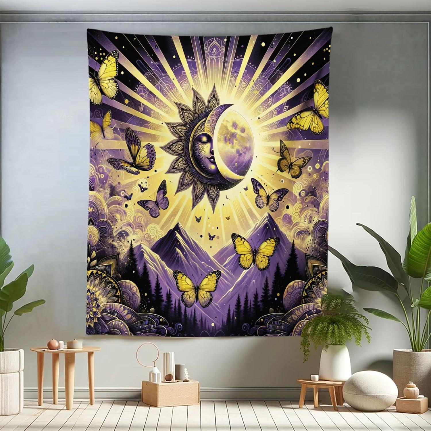 imageAmbesonne Flower Tapestry Modern Lines Leafy Eucalyptus Pattern with Tender Sunflower and Peony Fabric Wall Hanging Decor for Bedroom Living Room Dorm 28 X 23 Grey Teal Laurel GreenViolet Mustard Dark Grey