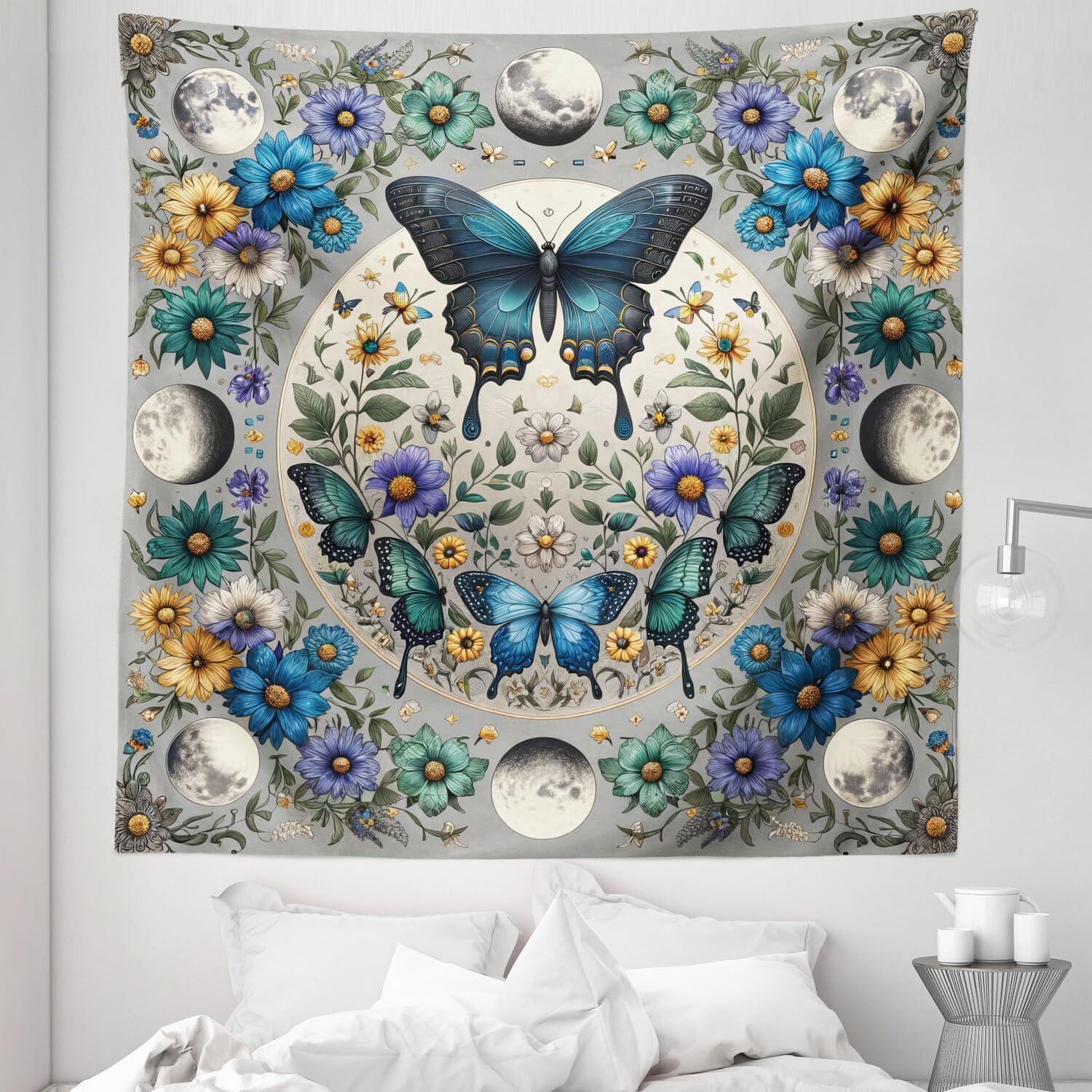 imageAmbesonne Flower Tapestry Modern Lines Leafy Eucalyptus Pattern with Tender Sunflower and Peony Fabric Wall Hanging Decor for Bedroom Living Room Dorm 28 X 23 Grey Teal Laurel GreenSea Blue Pale Grey Teal