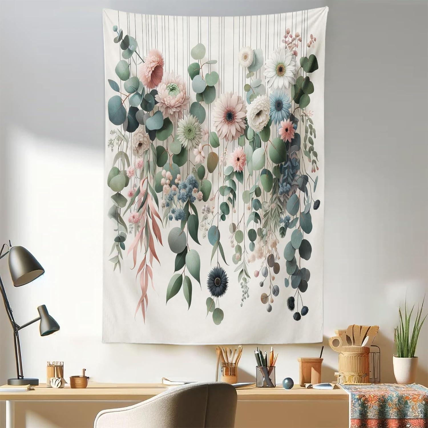 imageAmbesonne Flower Tapestry Modern Lines Leafy Eucalyptus Pattern with Tender Sunflower and Peony Fabric Wall Hanging Decor for Bedroom Living Room Dorm 28 X 23 Grey Teal Laurel GreenGrey Teal Laurel Green