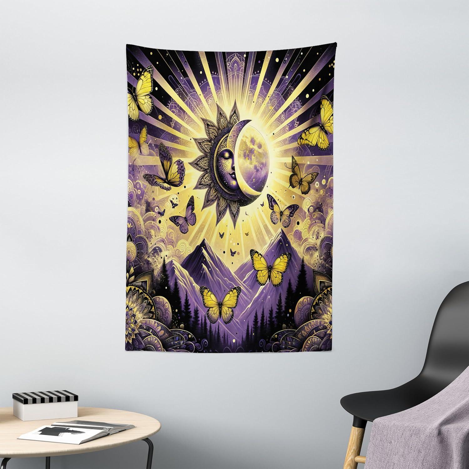 imageAmbesonne Flower Tapestry Modern Lines Leafy Eucalyptus Pattern with Tender Sunflower and Peony Fabric Wall Hanging Decor for Bedroom Living Room Dorm 28 X 23 Grey Teal Laurel GreenViolet Mustard Dark Grey