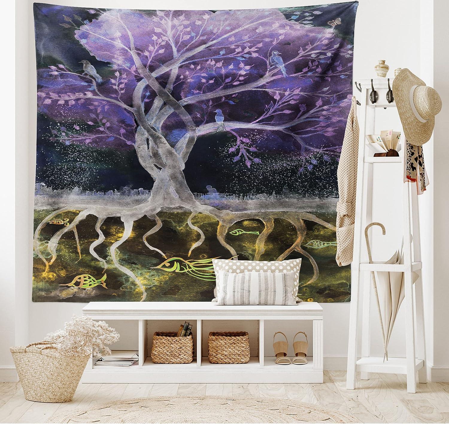 imageAmbesonne Flower Tapestry Modern Lines Leafy Eucalyptus Pattern with Tender Sunflower and Peony Fabric Wall Hanging Decor for Bedroom Living Room Dorm 28 X 23 Grey Teal Laurel GreenPurple Black