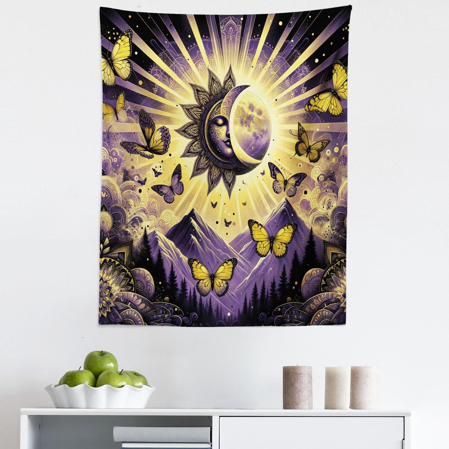 imageAmbesonne Flower Tapestry Modern Lines Leafy Eucalyptus Pattern with Tender Sunflower and Peony Fabric Wall Hanging Decor for Bedroom Living Room Dorm 28 X 23 Grey Teal Laurel GreenViolet Mustard Dark Grey