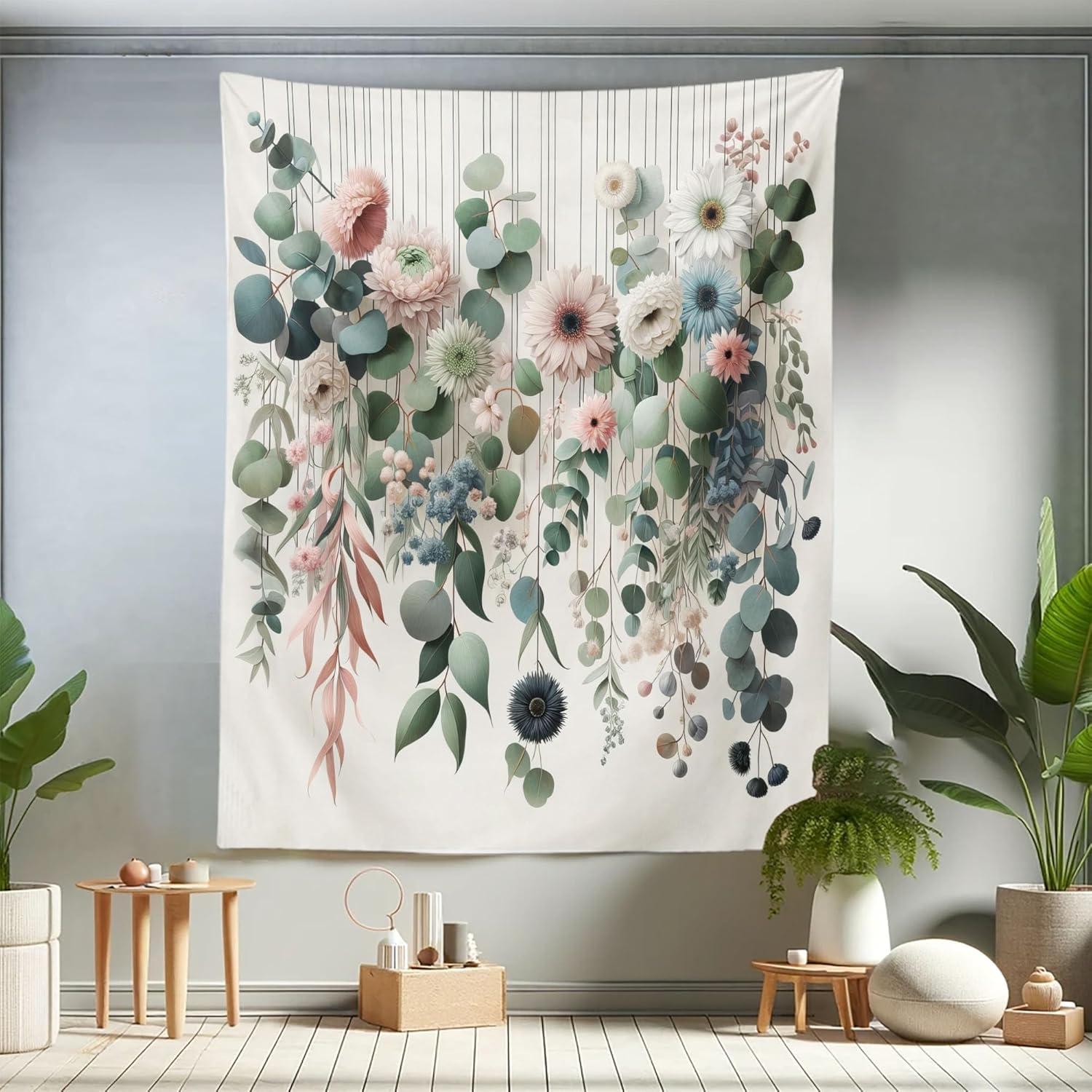 imageAmbesonne Flower Tapestry Modern Lines Leafy Eucalyptus Pattern with Tender Sunflower and Peony Fabric Wall Hanging Decor for Bedroom Living Room Dorm 28 X 23 Grey Teal Laurel GreenGrey Teal Laurel Green