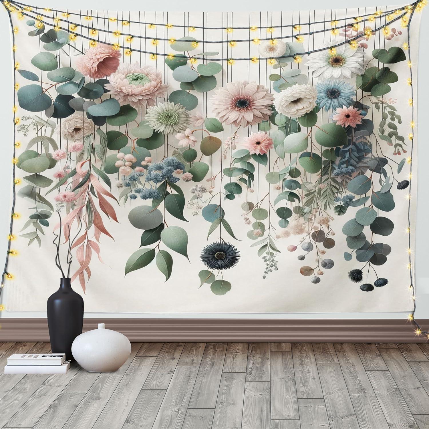 imageAmbesonne Flower Tapestry Modern Lines Leafy Eucalyptus Pattern with Tender Sunflower and Peony Fabric Wall Hanging Decor for Bedroom Living Room Dorm 28 X 23 Grey Teal Laurel GreenGrey Teal Laurel Green
