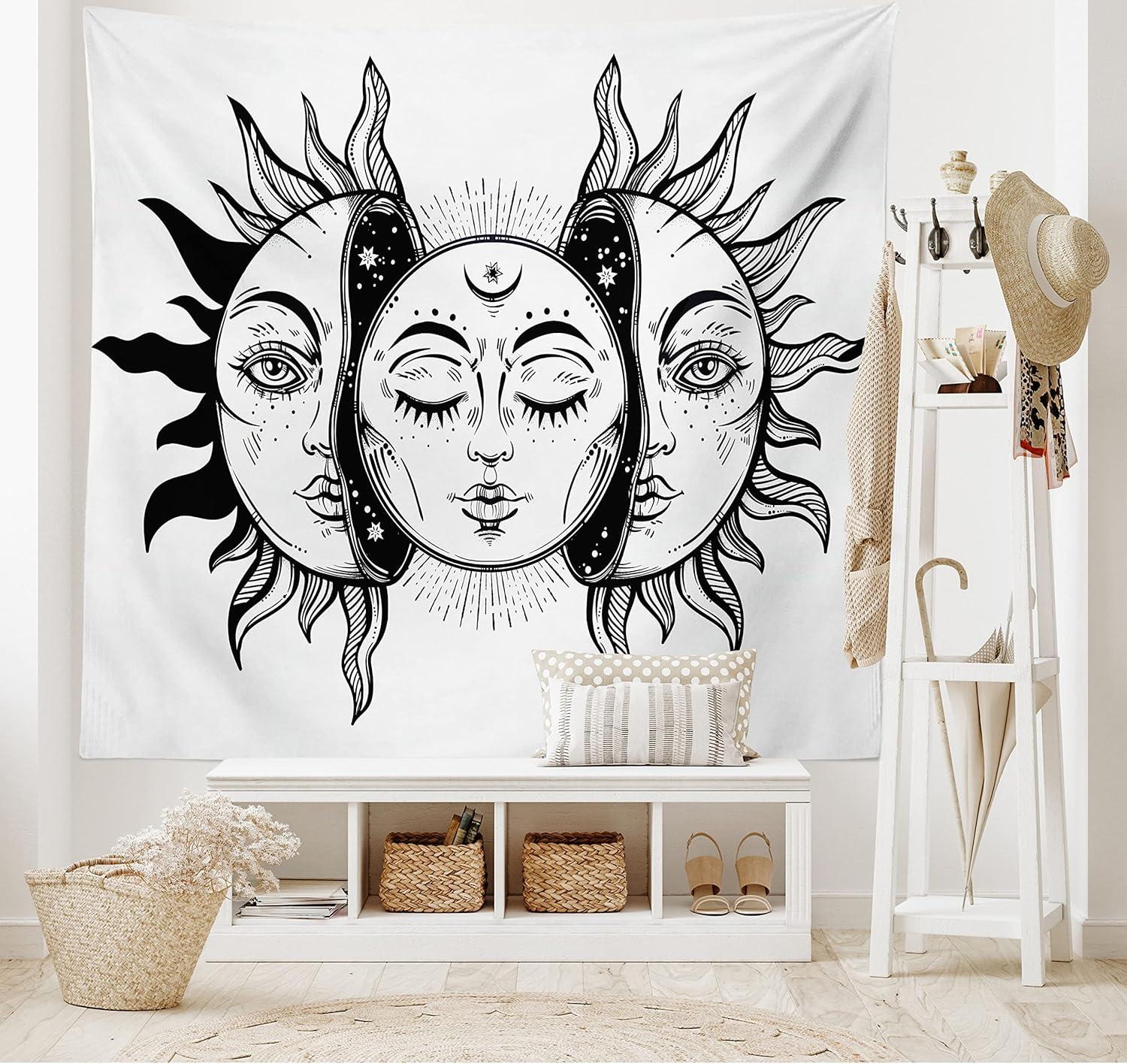 imageAmbesonne Flower Tapestry Modern Lines Leafy Eucalyptus Pattern with Tender Sunflower and Peony Fabric Wall Hanging Decor for Bedroom Living Room Dorm 28 X 23 Grey Teal Laurel GreenBlack White