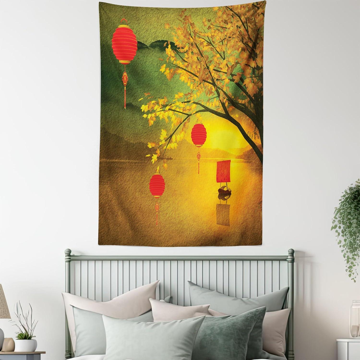imageAmbesonne Flower Tapestry Modern Lines Leafy Eucalyptus Pattern with Tender Sunflower and Peony Fabric Wall Hanging Decor for Bedroom Living Room Dorm 28 X 23 Grey Teal Laurel GreenYellow Green