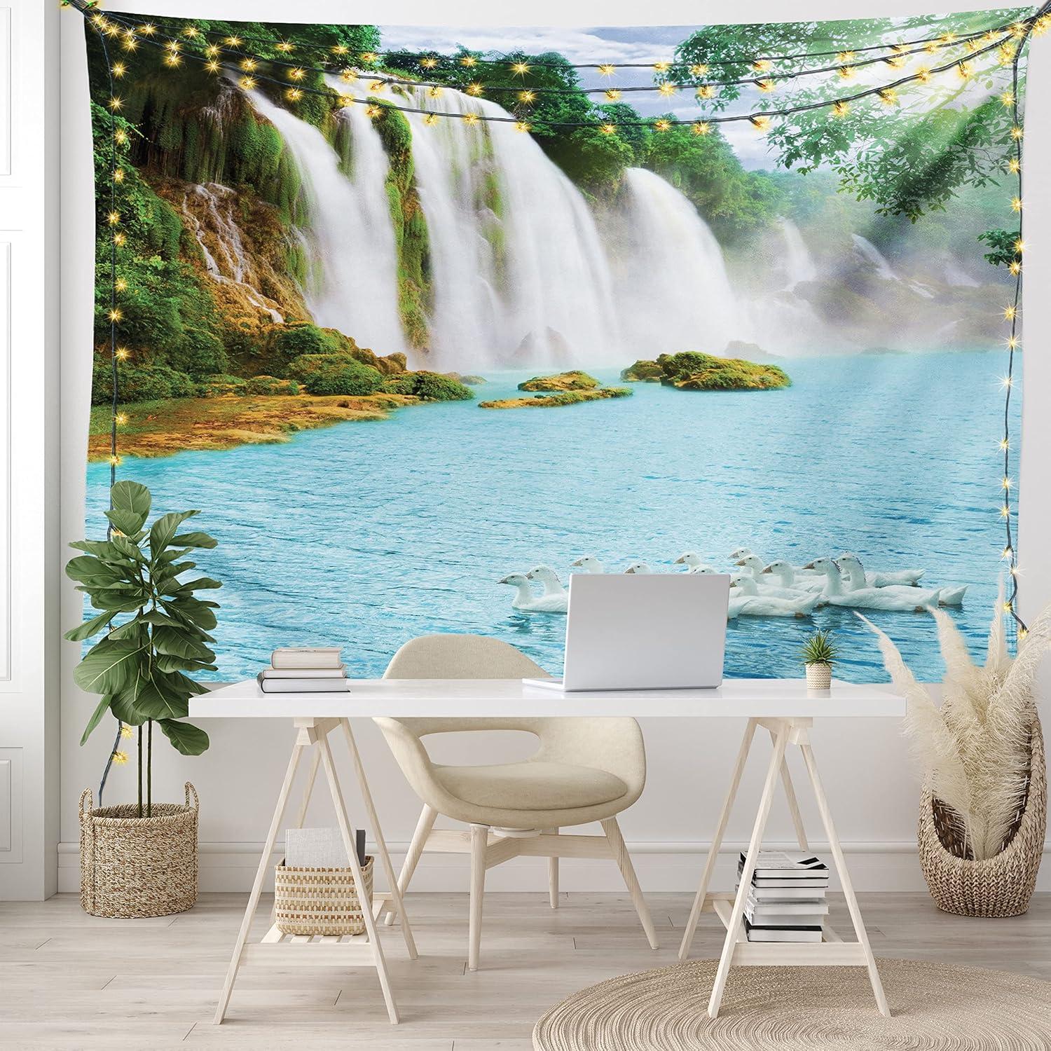 imageAmbesonne Flower Tapestry Modern Lines Leafy Eucalyptus Pattern with Tender Sunflower and Peony Fabric Wall Hanging Decor for Bedroom Living Room Dorm 28 X 23 Grey Teal Laurel GreenBlue Green White