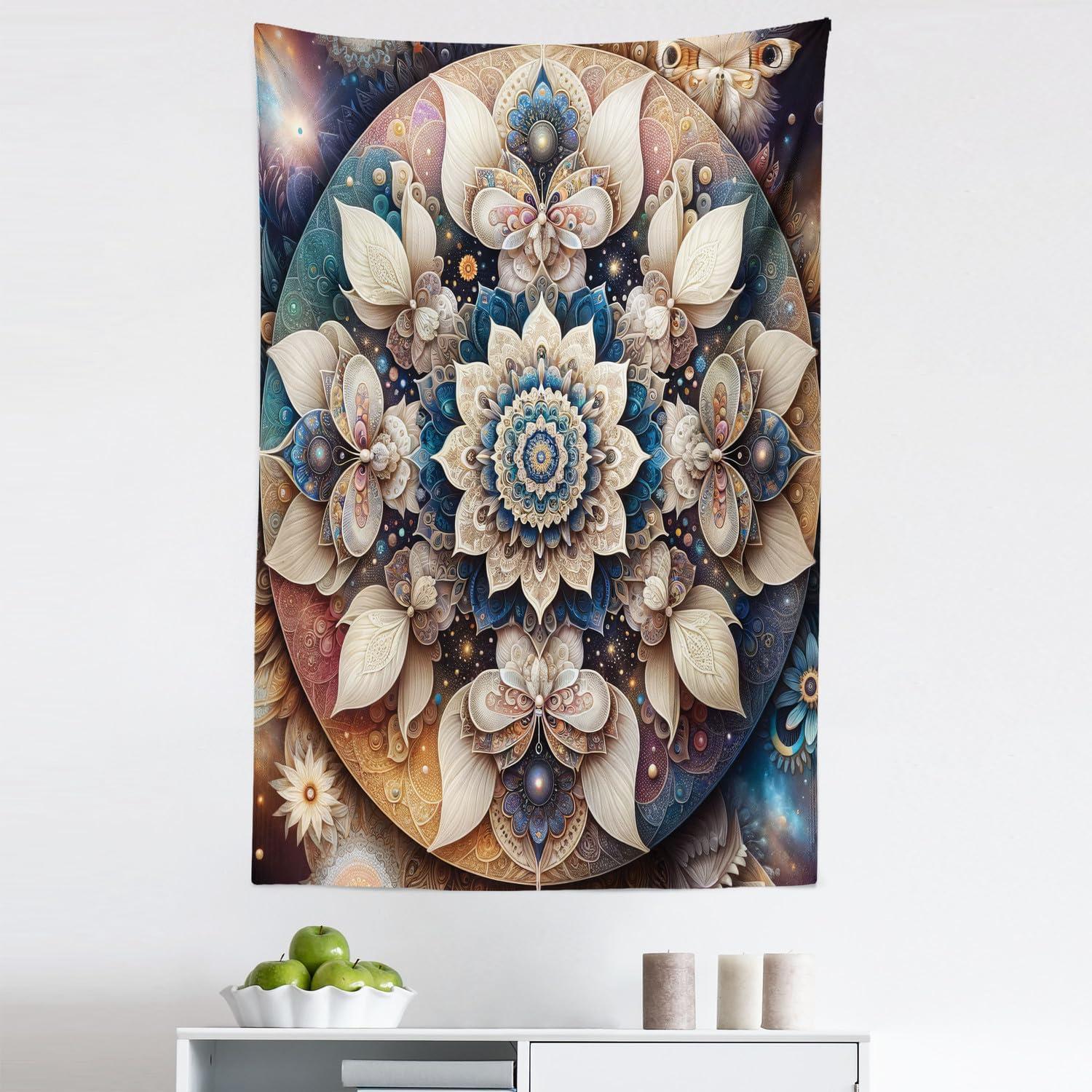 imageAmbesonne Flower Tapestry Modern Lines Leafy Eucalyptus Pattern with Tender Sunflower and Peony Fabric Wall Hanging Decor for Bedroom Living Room Dorm 28 X 23 Grey Teal Laurel GreenEggshell Sea Blue Indigo