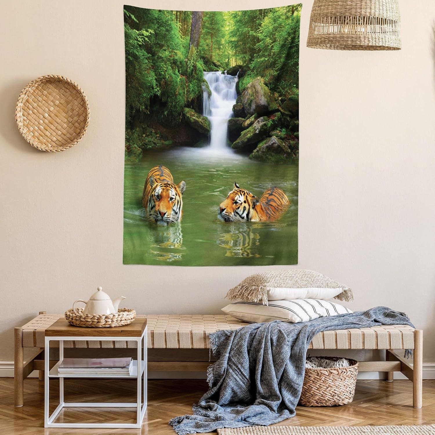imageAmbesonne Flower Tapestry Modern Lines Leafy Eucalyptus Pattern with Tender Sunflower and Peony Fabric Wall Hanging Decor for Bedroom Living Room Dorm 28 X 23 Grey Teal Laurel GreenReseda Green and Orange