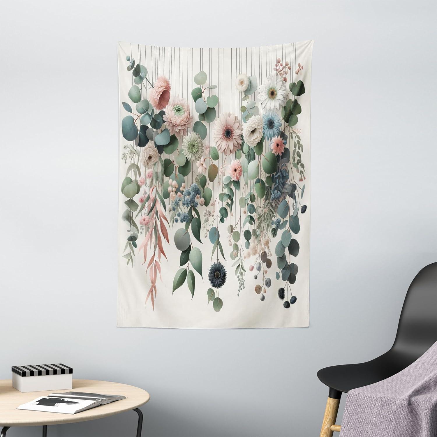 imageAmbesonne Flower Tapestry Modern Lines Leafy Eucalyptus Pattern with Tender Sunflower and Peony Fabric Wall Hanging Decor for Bedroom Living Room Dorm 28 X 23 Grey Teal Laurel GreenGrey Teal Laurel Green