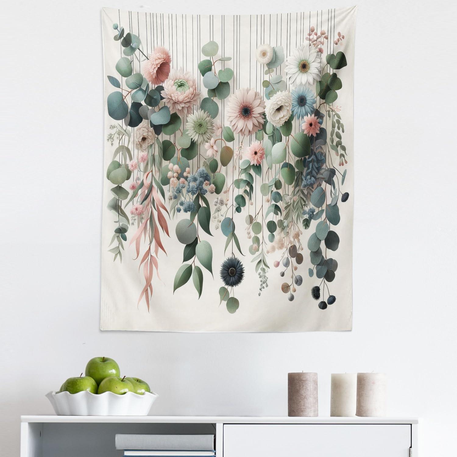 imageAmbesonne Flower Tapestry Modern Lines Leafy Eucalyptus Pattern with Tender Sunflower and Peony Fabric Wall Hanging Decor for Bedroom Living Room Dorm 28 X 23 Grey Teal Laurel GreenGrey Teal Laurel Green
