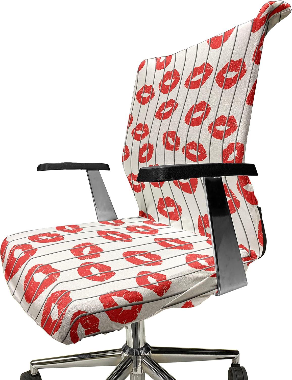 imageAmbesonne Glamour Office Chair Cover Woman Lips Behind The Bars Female Love Romance Valentines Day Print Stretchable Decorative Universal Size High Back Printed Slipcover Scarlet White and GreyScarlet White and Grey