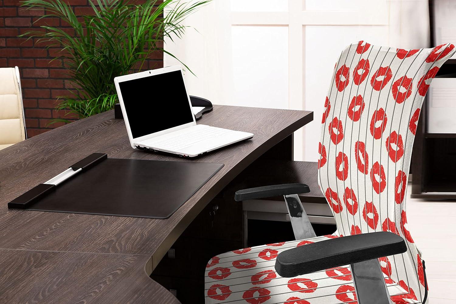 imageAmbesonne Glamour Office Chair Cover Woman Lips Behind The Bars Female Love Romance Valentines Day Print Stretchable Decorative Universal Size High Back Printed Slipcover Scarlet White and GreyScarlet White and Grey