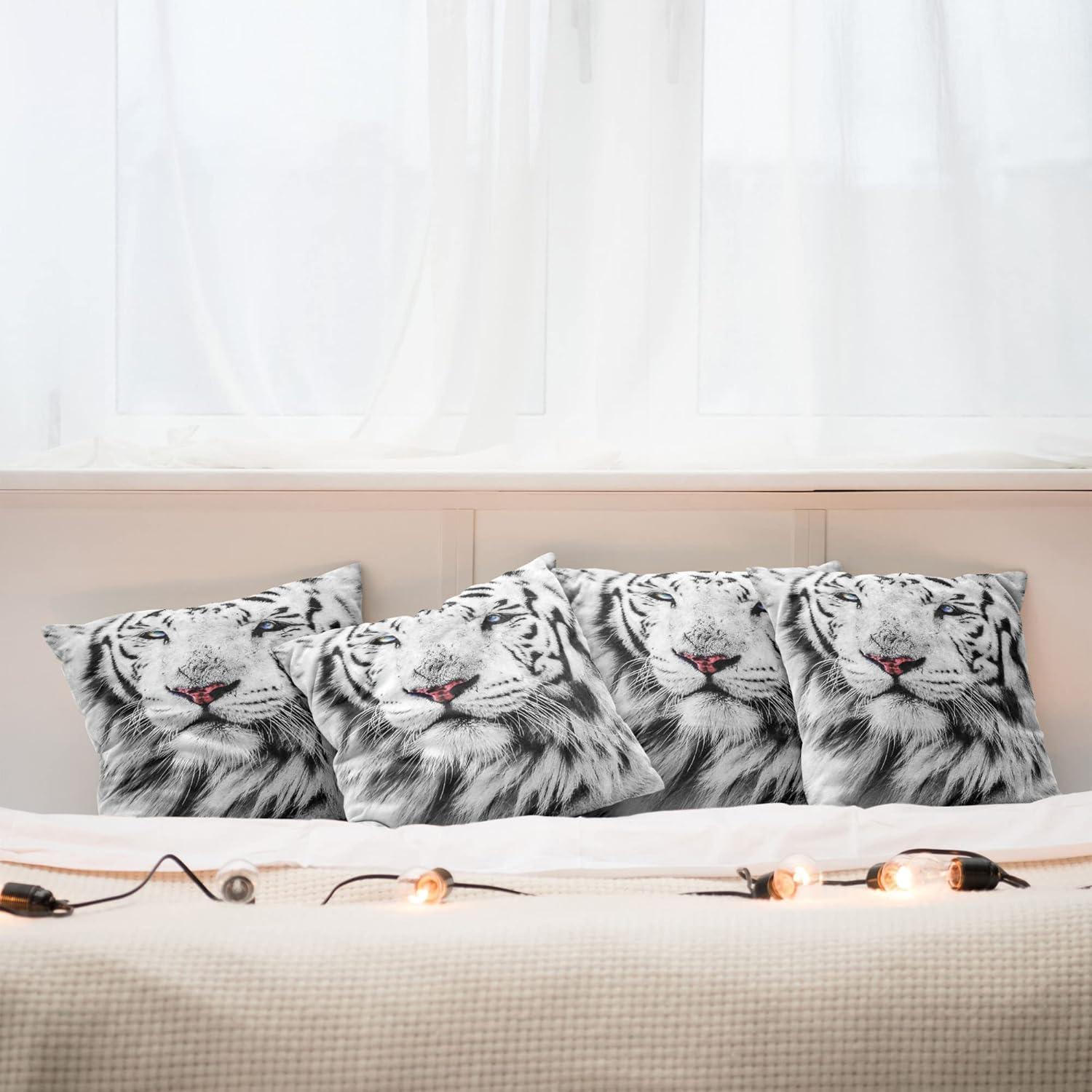 imageAmbesonne Safari Decorative Throw Pillow Case Pack of 4 White Tiger Wintertime Rare Animal Portrait Eyes Calm Noble Beast Photography Cushion Cover for Couch Living Room Car 18 Black WhiteWhite Black and Grey