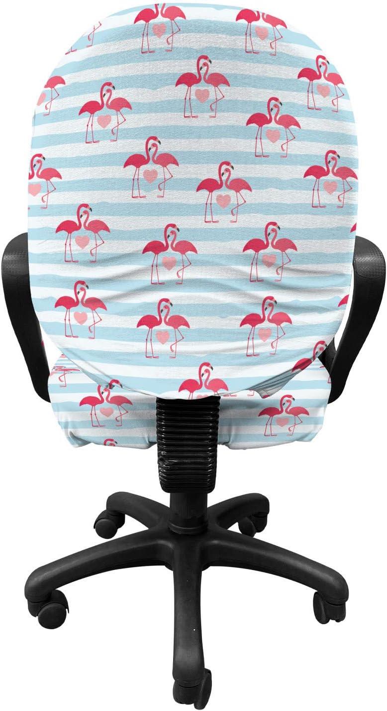 imageAmbesonne Valentines Day Office Chair Slipcover Romantic Theme Couple of Flamingos with Heart Motifs on Stripes Protective Stretch Decorative Fabric Cover Dark Coral Pale Blue