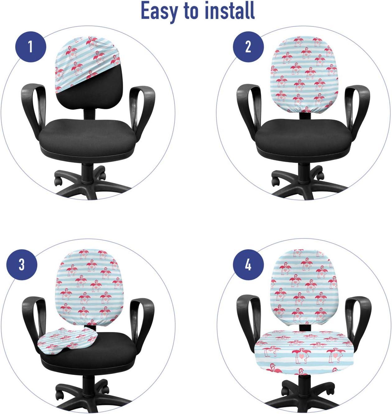 imageAmbesonne Valentines Day Office Chair Slipcover Romantic Theme Couple of Flamingos with Heart Motifs on Stripes Protective Stretch Decorative Fabric Cover Dark Coral Pale Blue