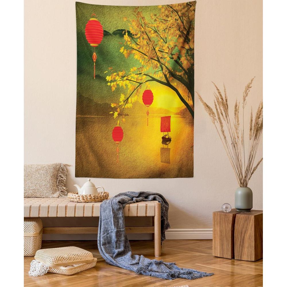 imageAmbesonne Flower Tapestry Modern Lines Leafy Eucalyptus Pattern with Tender Sunflower and Peony Fabric Wall Hanging Decor for Bedroom Living Room Dorm 28 X 23 Grey Teal Laurel GreenYellow Green