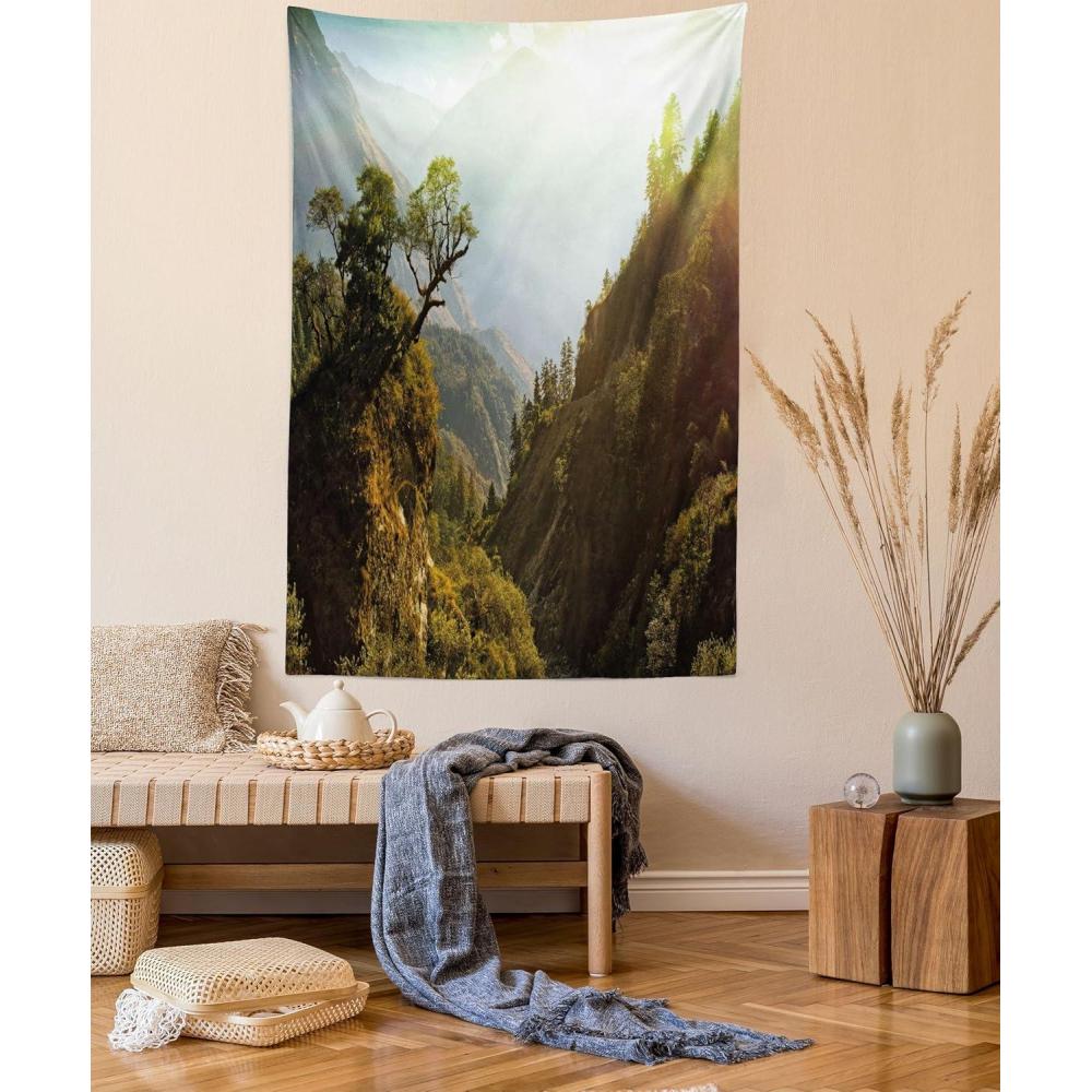 imageAmbesonne Flower Tapestry Modern Lines Leafy Eucalyptus Pattern with Tender Sunflower and Peony Fabric Wall Hanging Decor for Bedroom Living Room Dorm 28 X 23 Grey Teal Laurel GreenGreen Pale Yellow