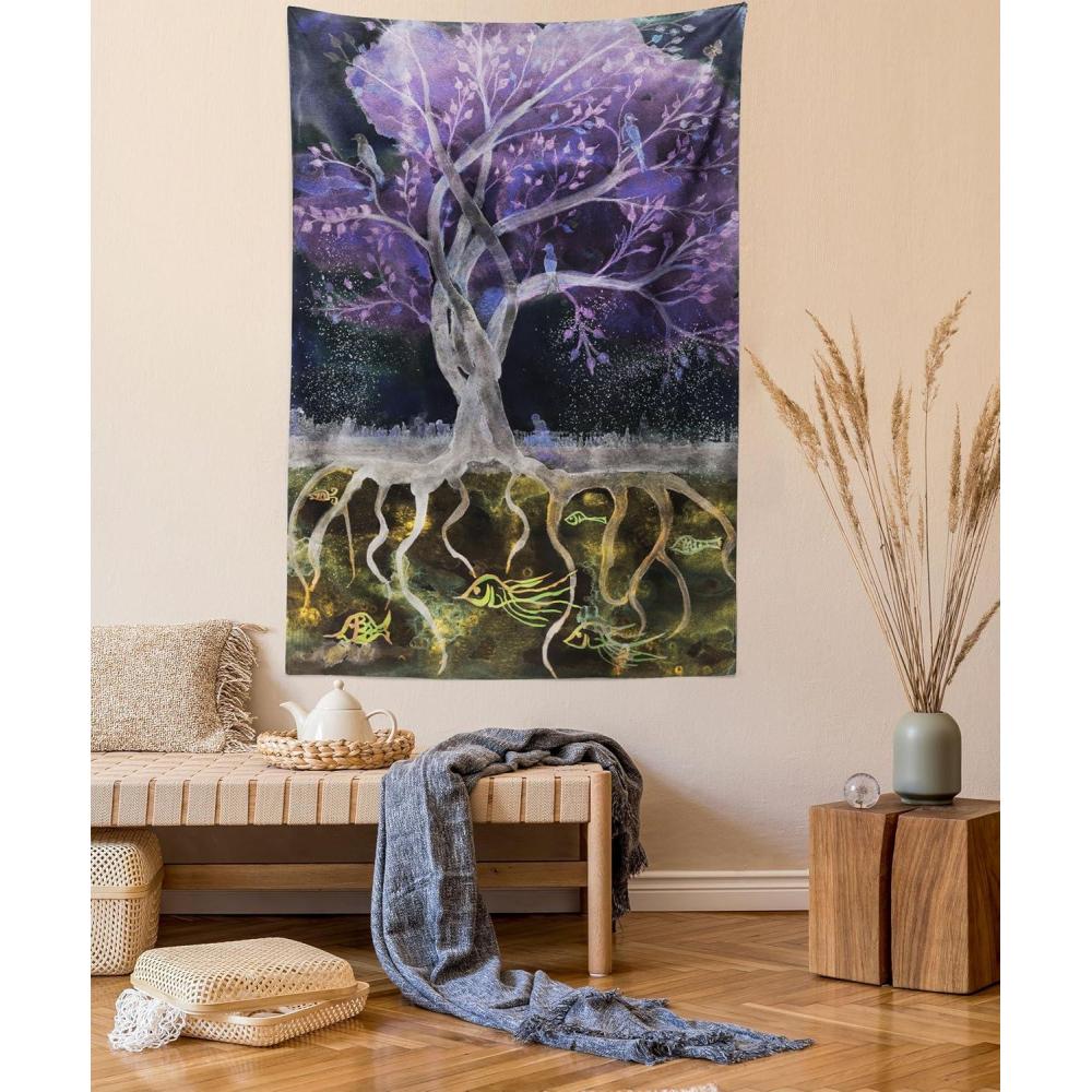 imageAmbesonne Flower Tapestry Modern Lines Leafy Eucalyptus Pattern with Tender Sunflower and Peony Fabric Wall Hanging Decor for Bedroom Living Room Dorm 28 X 23 Grey Teal Laurel GreenPurple Black