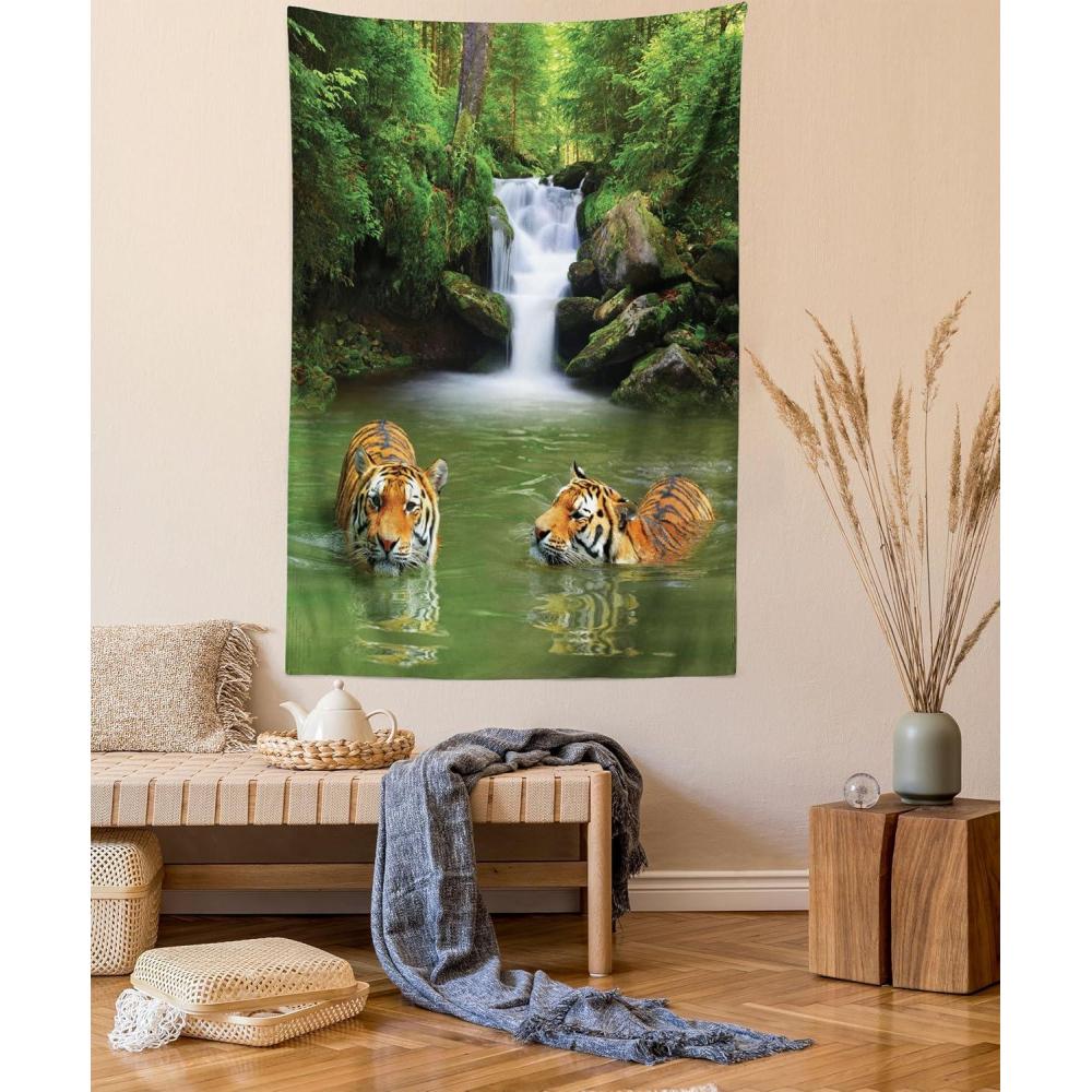 imageAmbesonne Flower Tapestry Modern Lines Leafy Eucalyptus Pattern with Tender Sunflower and Peony Fabric Wall Hanging Decor for Bedroom Living Room Dorm 28 X 23 Grey Teal Laurel GreenReseda Green and Orange