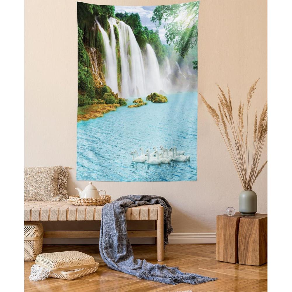 imageAmbesonne Flower Tapestry Modern Lines Leafy Eucalyptus Pattern with Tender Sunflower and Peony Fabric Wall Hanging Decor for Bedroom Living Room Dorm 28 X 23 Grey Teal Laurel GreenBlue Green White