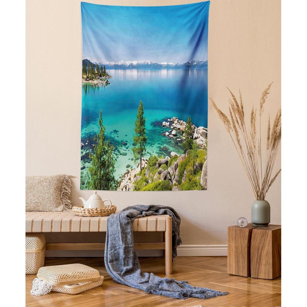 imageAmbesonne Flower Tapestry Modern Lines Leafy Eucalyptus Pattern with Tender Sunflower and Peony Fabric Wall Hanging Decor for Bedroom Living Room Dorm 28 X 23 Grey Teal Laurel GreenBlue Grey Green
