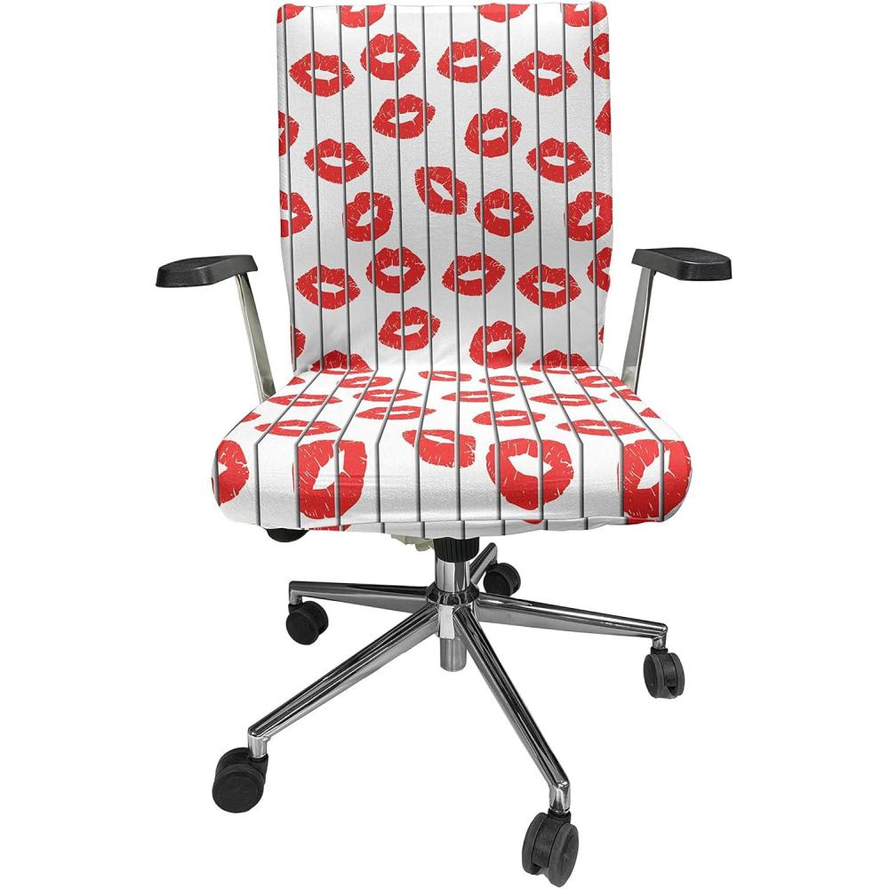 imageAmbesonne Glamour Office Chair Cover Woman Lips Behind The Bars Female Love Romance Valentines Day Print Stretchable Decorative Universal Size High Back Printed Slipcover Scarlet White and GreyScarlet White and Grey