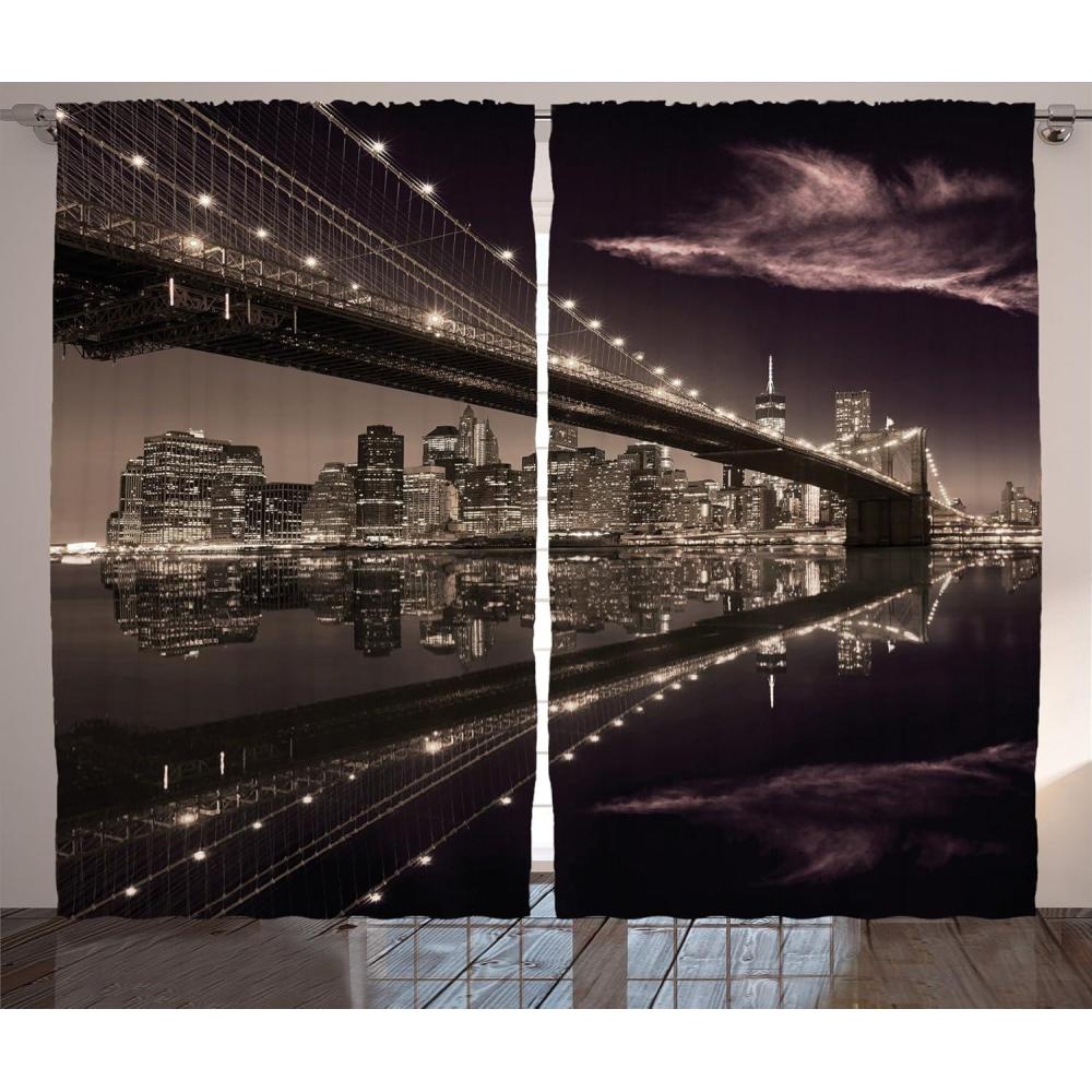 imageAmbesonne Landscape Curtains Brooklyn Bridge Sunset NYC View Skyline Tourist Attraction Modern City Living Room Bedroom Window Drapes 2 Panel Set 108 X 84 Brown Rose