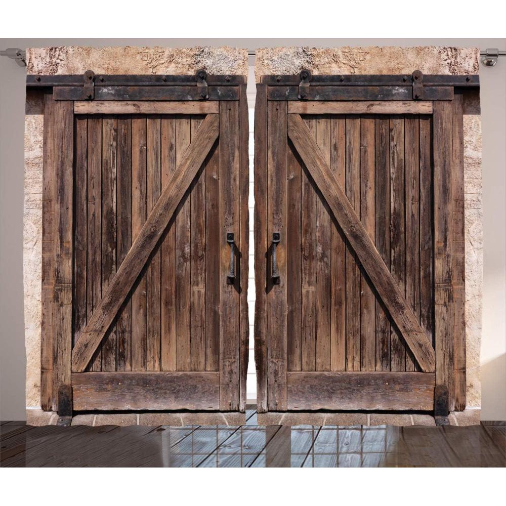 imageAmbesonne Rustic Curtains Wooden Barn Door in Stone Farmhouse Image Vintage Desgin Rural Art Architecture Print Living Room Bedroom Window Drapes 2 Panel Set 108 X 96 Beige