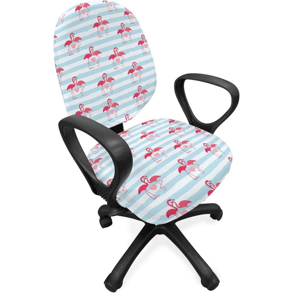 imageAmbesonne Valentines Day Office Chair Slipcover Romantic Theme Couple of Flamingos with Heart Motifs on Stripes Protective Stretch Decorative Fabric Cover Dark Coral Pale Blue