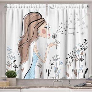 Ambesonne Cartoon Long Kitchen Curtains, Autumn Pattern Owl Fox Squirrel Birds Animal Leaves Print, Two Panels Drapes with Rod Pocket Room Decor, 55″ x 45″, Cream Orange(Blue)