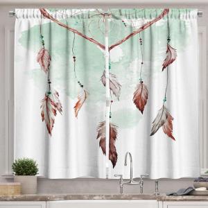 Ambesonne Cartoon Long Kitchen Curtains, Autumn Pattern Owl Fox Squirrel Birds Animal Leaves Print, Two Panels Drapes with Rod Pocket Room Decor, 55″ x 45″, Cream Orange(Green Brown)
