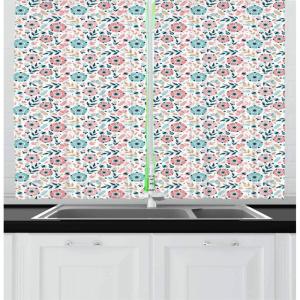 Ambesonne Cartoon Long Kitchen Curtains, Autumn Pattern Owl Fox Squirrel Birds Animal Leaves Print, Two Panels Drapes with Rod Pocket Room Decor, 55″ x 45″, Cream Orange(Pink Blue Off White)