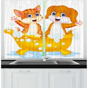 Ambesonne Cartoon Long Kitchen Curtains, Autumn Pattern Owl Fox Squirrel Birds Animal Leaves Print, Two Panels Drapes with Rod Pocket Room Decor, 55″ x 45″, Cream Orange(Yellow Brown Blue)