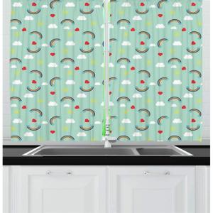 Ambesonne Cartoon Long Kitchen Curtains, Autumn Pattern Owl Fox Squirrel Birds Animal Leaves Print, Two Panels Drapes with Rod Pocket Room Decor, 55″ x 45″, Cream Orange(Mint Green Multicolor)