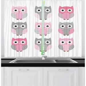 Ambesonne Cartoon Long Kitchen Curtains, Autumn Pattern Owl Fox Squirrel Birds Animal Leaves Print, Two Panels Drapes with Rod Pocket Room Decor, 55″ x 45″, Cream Orange(Blush Grey)