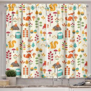 Ambesonne Cartoon Long Kitchen Curtains, Autumn Pattern Owl Fox Squirrel Birds Animal Leaves Print, Two Panels Drapes with Rod Pocket Room Decor, 55″ x 45″, Cream Orange(Cream Orange)