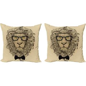 Ambesonne Indie Decorative Throw Pillow Case Pack of 2, Lion Character Portrait with Glasses and Bowtie Hipster Smart Cool Dandy, Couch Bedroom Living Room Cushion Cover, 18″, Sand Brown Black Yellow(18″ x 18″ (Pack of 2))