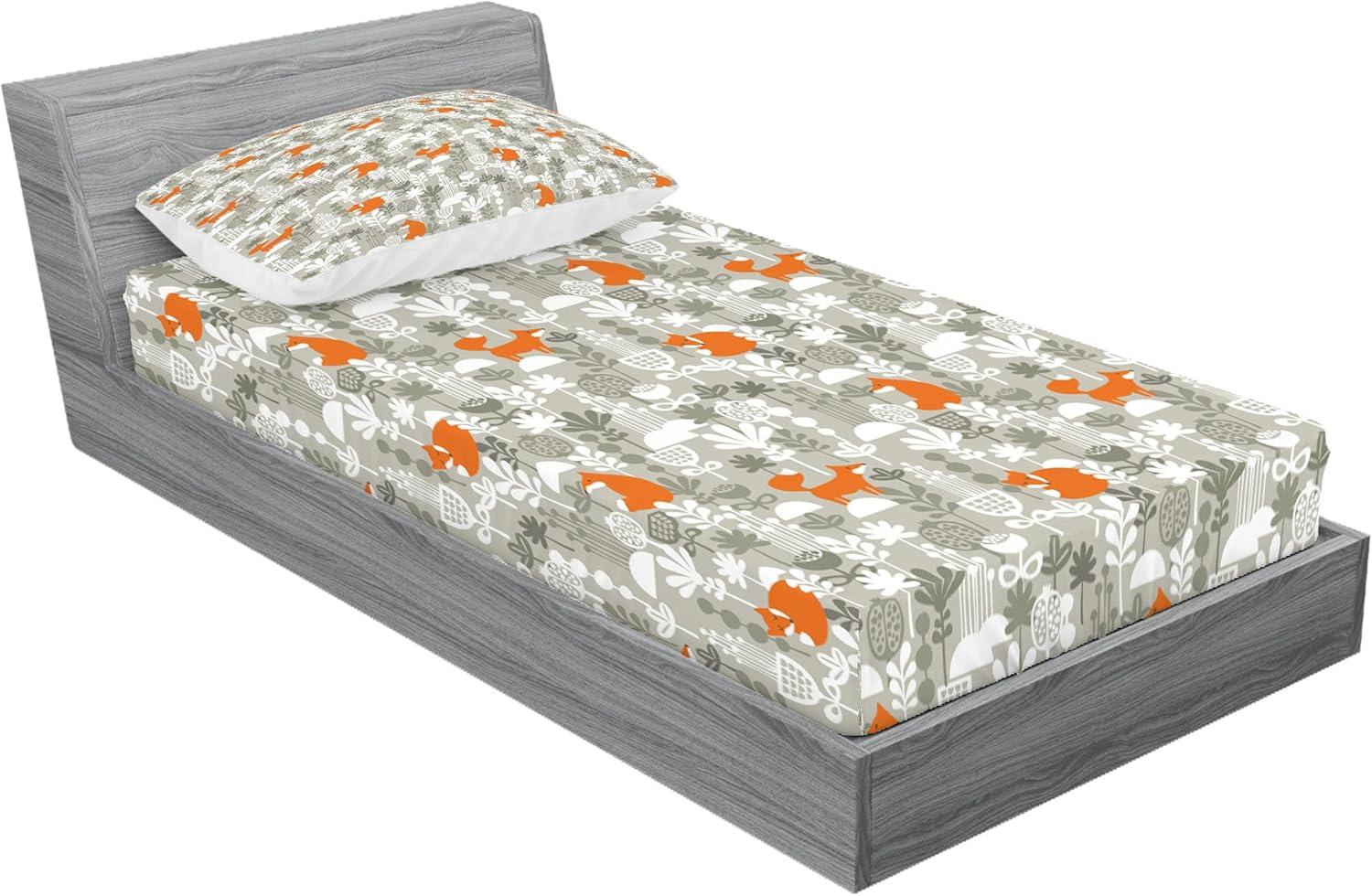 imageAmbesonne Fox Fitted Sheet amp Pillow Sham Set Fox in The Winter Forest Abstract Cartoon Trees and Nature Animal Pattern Decorative Printed 2 Piece Bedding Decor Set Twin Pale Sage Green OrangePale Sage Green Orange