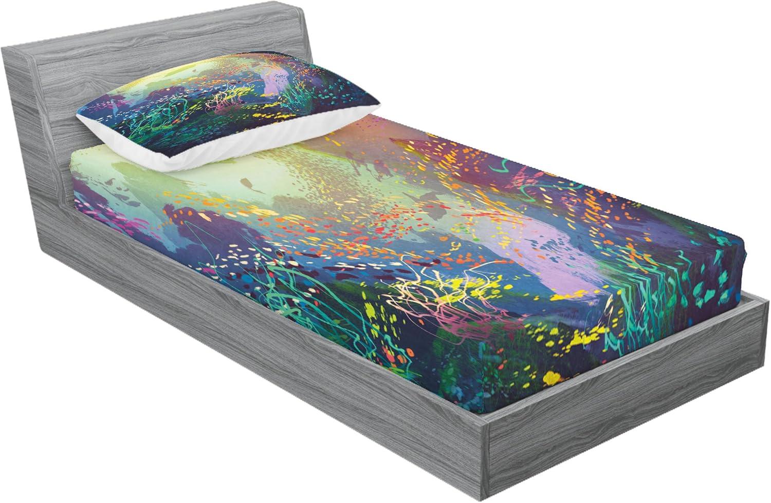 imageAmbesonne Fox Fitted Sheet amp Pillow Sham Set Fox in The Winter Forest Abstract Cartoon Trees and Nature Animal Pattern Decorative Printed 2 Piece Bedding Decor Set Twin Pale Sage Green OrangeTurquoise Yellow