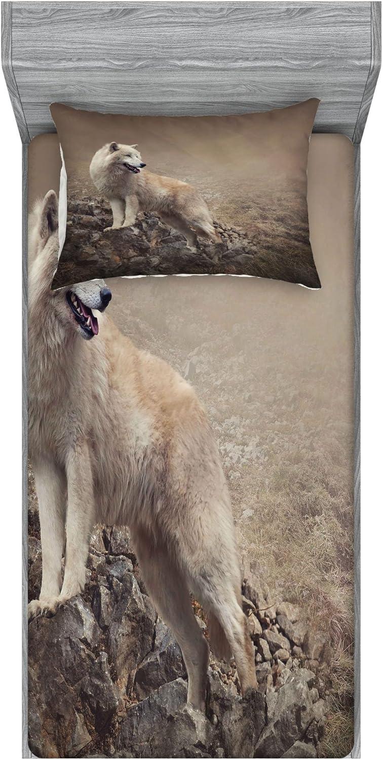 imageAmbesonne Fox Fitted Sheet amp Pillow Sham Set Fox in The Winter Forest Abstract Cartoon Trees and Nature Animal Pattern Decorative Printed 2 Piece Bedding Decor Set Twin Pale Sage Green OrangeBrown Beige