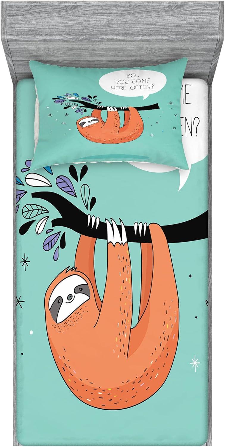 imageAmbesonne Fox Fitted Sheet amp Pillow Sham Set Fox in The Winter Forest Abstract Cartoon Trees and Nature Animal Pattern Decorative Printed 2 Piece Bedding Decor Set Twin Pale Sage Green OrangeSeafoam Orange