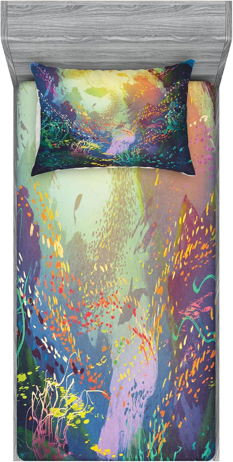 imageAmbesonne Fox Fitted Sheet amp Pillow Sham Set Fox in The Winter Forest Abstract Cartoon Trees and Nature Animal Pattern Decorative Printed 2 Piece Bedding Decor Set Twin Pale Sage Green OrangeTurquoise Yellow