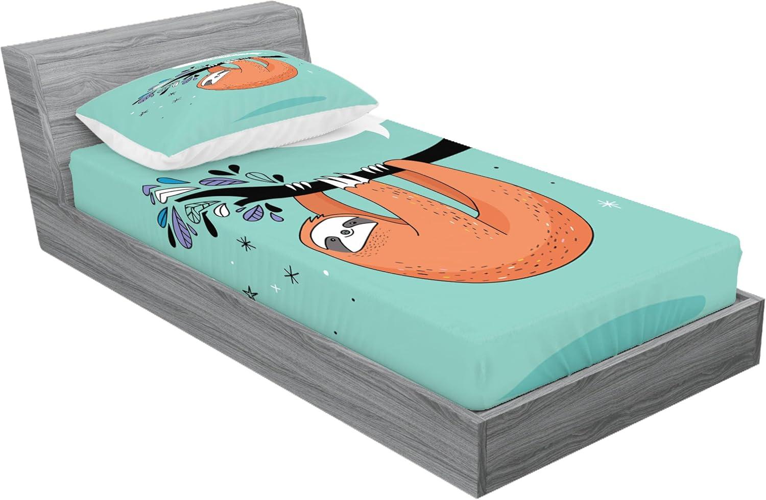 imageAmbesonne Fox Fitted Sheet amp Pillow Sham Set Fox in The Winter Forest Abstract Cartoon Trees and Nature Animal Pattern Decorative Printed 2 Piece Bedding Decor Set Twin Pale Sage Green OrangeSeafoam Orange