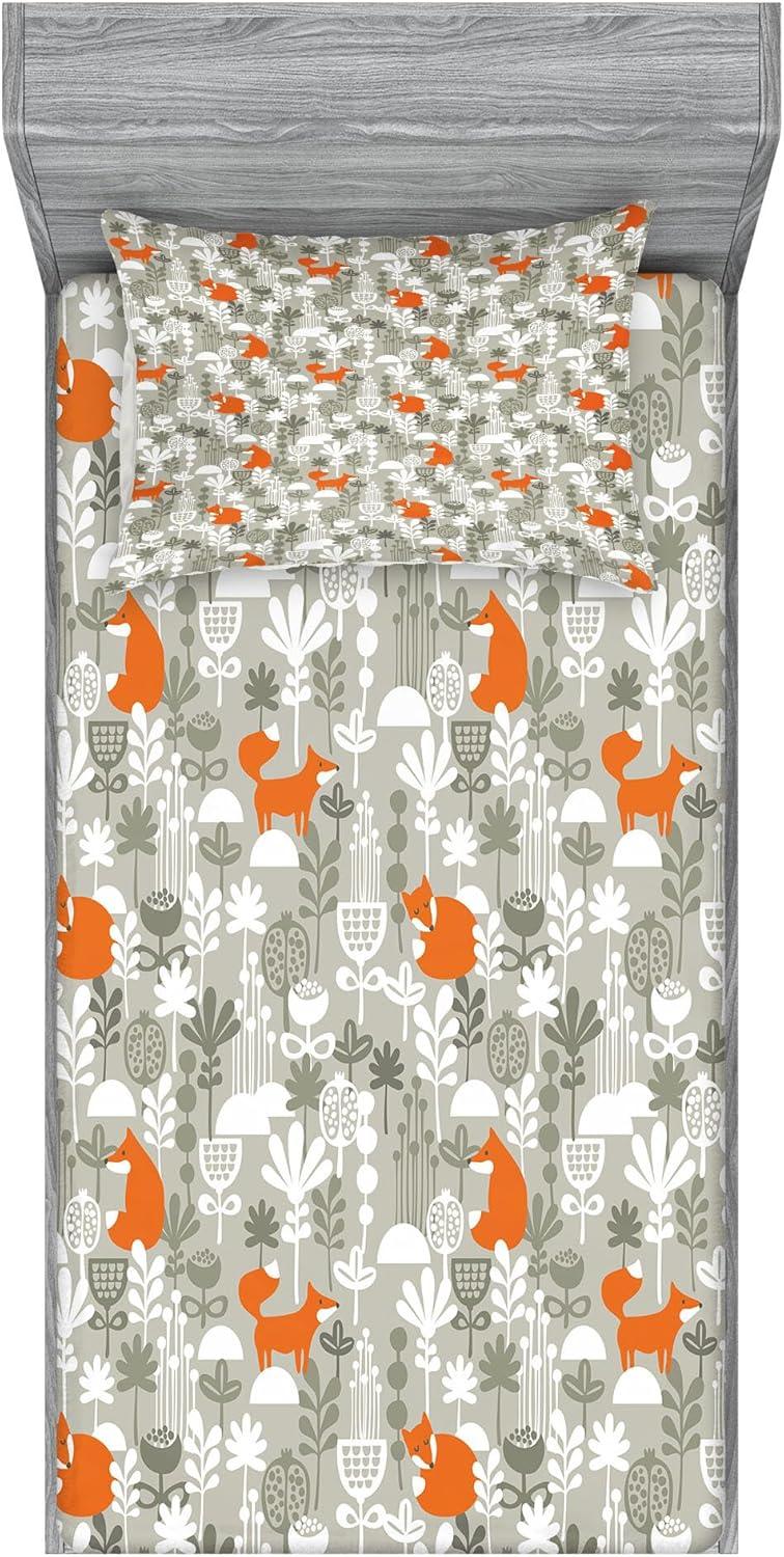 imageAmbesonne Fox Fitted Sheet amp Pillow Sham Set Fox in The Winter Forest Abstract Cartoon Trees and Nature Animal Pattern Decorative Printed 2 Piece Bedding Decor Set Twin Pale Sage Green OrangePale Sage Green Orange