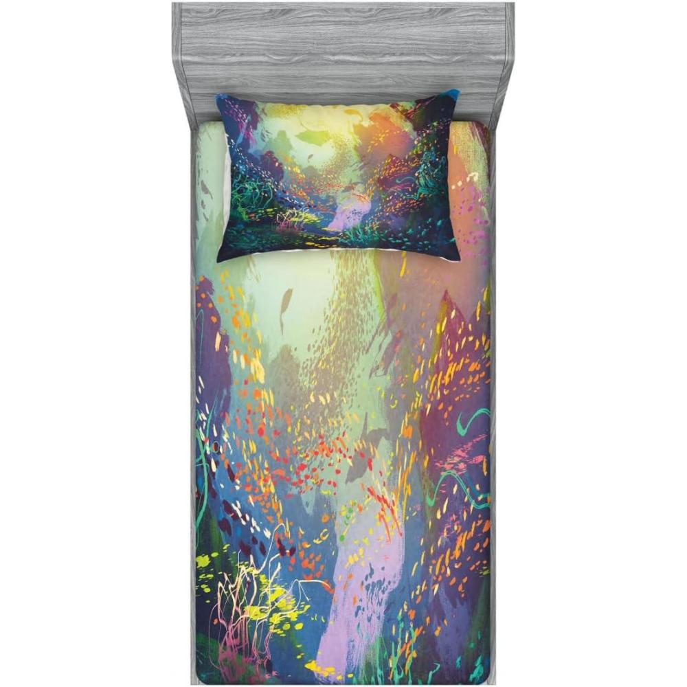 imageAmbesonne Fox Fitted Sheet amp Pillow Sham Set Fox in The Winter Forest Abstract Cartoon Trees and Nature Animal Pattern Decorative Printed 2 Piece Bedding Decor Set Twin Pale Sage Green OrangeTurquoise Yellow