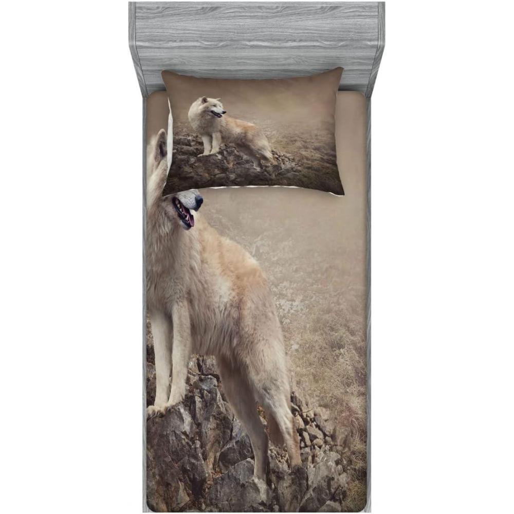 imageAmbesonne Fox Fitted Sheet amp Pillow Sham Set Fox in The Winter Forest Abstract Cartoon Trees and Nature Animal Pattern Decorative Printed 2 Piece Bedding Decor Set Twin Pale Sage Green OrangeBrown Beige