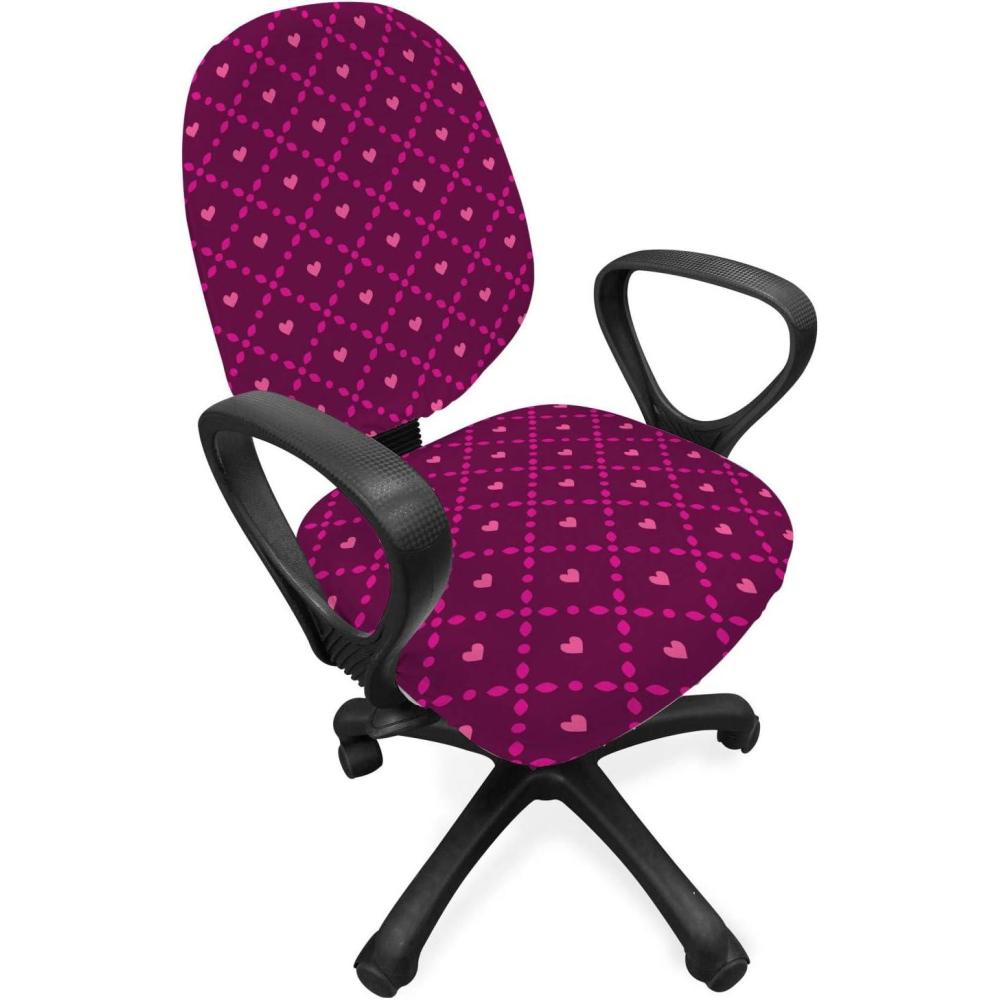imageAmbesonne Valentines Day Office Chair Slipcover Abstract Geometrical Graphic Rhombus Shaped Dots Little Heart Motifs Protective Stretch Decorative Fabric Cover Standard Size Dark Magenta Pink