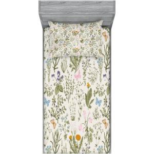 Ambesonne Fox Fitted Sheet & Pillow Sham Set, Fox in The Winter Forest Abstract Cartoon Trees and Nature Animal Pattern, Decorative Printed 2 Piece Bedding Decor Set, Twin, Pale Sage Green Orange(Reseda Green Beige)